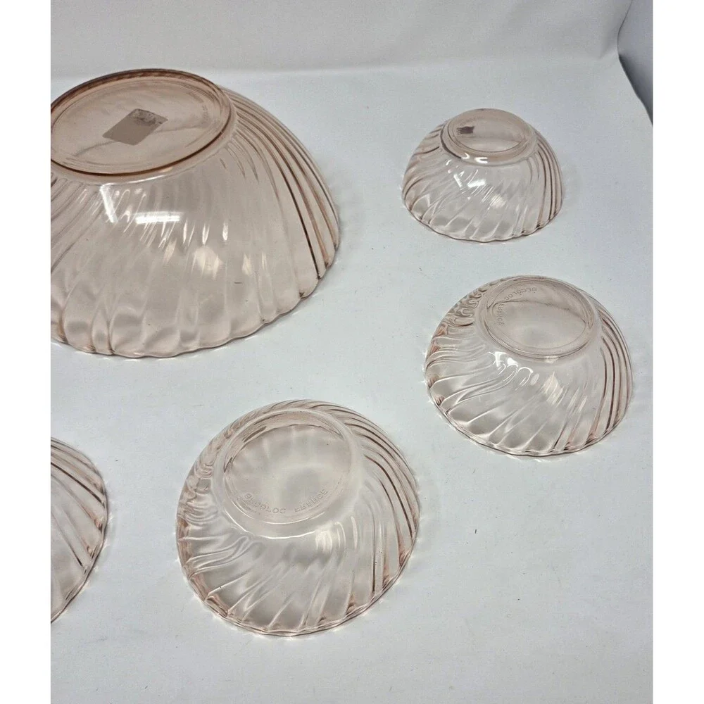 Arcoroc France Rosaline Pink Swirl Glass‎ Salad Bowl Set 7 Pc Vintage 1970s
